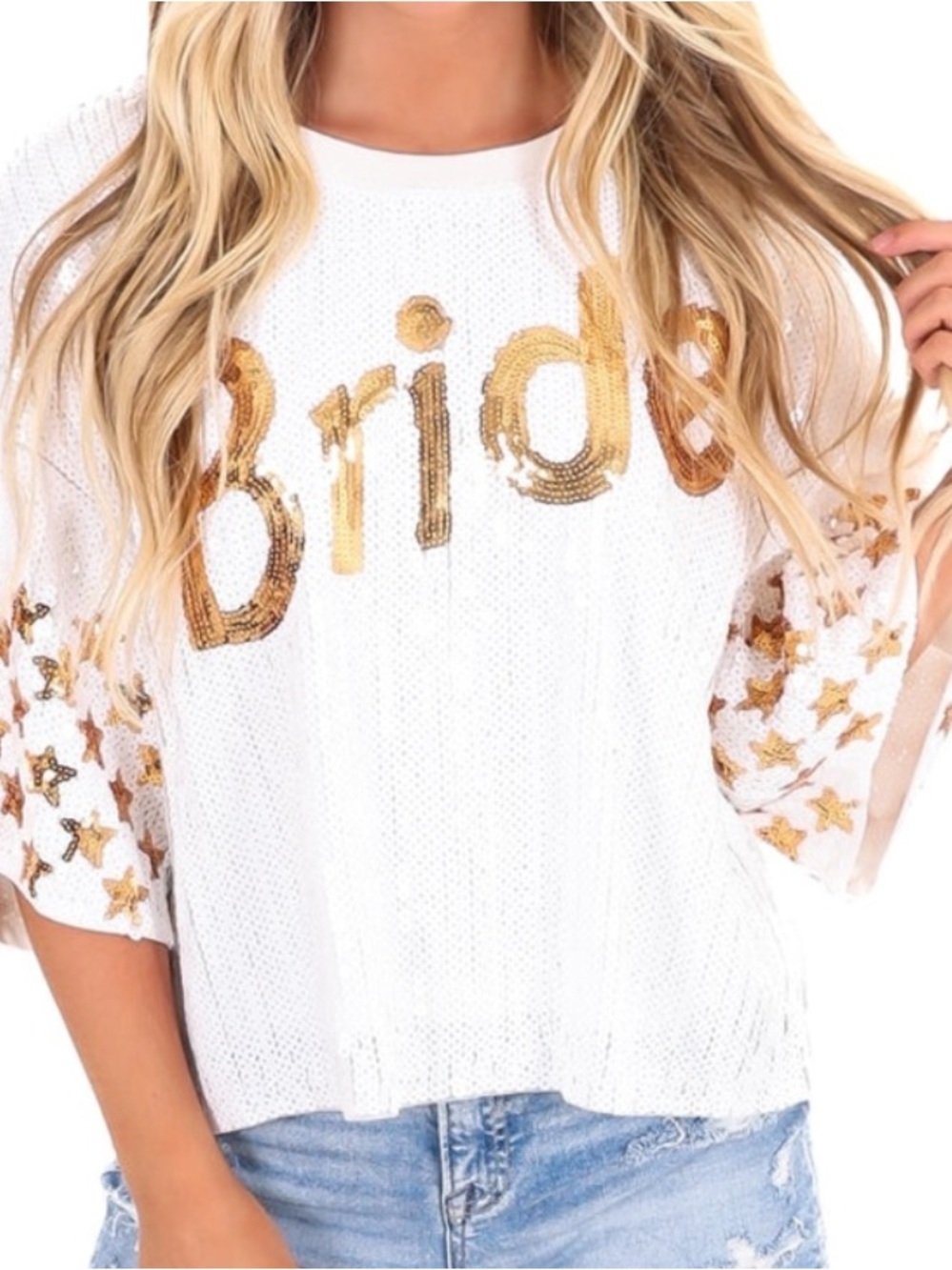 Simply Southern White Sequin Top with Gold ✨Bride✨ Script ~ Size M ~ Excellent